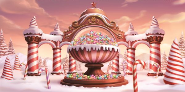 Whimsical candyland scene with a large ornate bowl overflowing with colorful candies, surrounded by striped peppermint pillars in a snowy landscape.