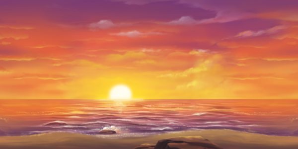 Sunset over a calm ocean with a glowing sun on the horizon and soft orange-pink clouds above.