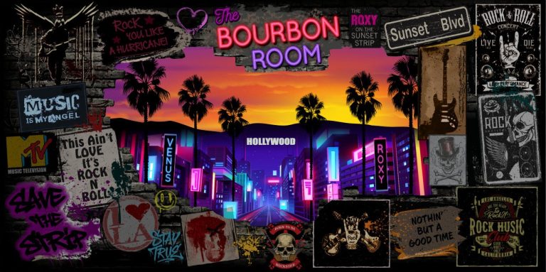 Neon-lit rock-themed collage with palm-lined street and Hollywood sign at sunset, surrounded by concert posters and graffiti art.