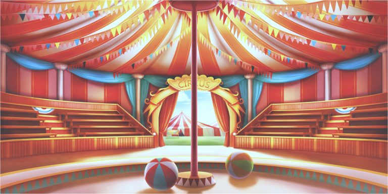 Colorful circus arena interior with tiered seating on both sides, striped ceiling banners, and a central pole framing the ring beyond an ornate arch.