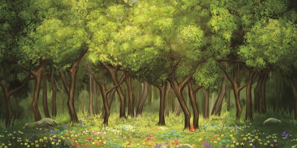 Sunlit forest clearing with twisting-tree trunks and a colorful carpet of wildflowers.