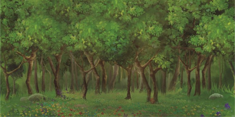 Dense green forest with slender trunks and a meadow of colorful wildflowers on the floor