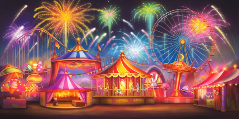 A vibrant night carnival with striped tents, a Ferris wheel, a roller coaster, and fireworks in the sky.