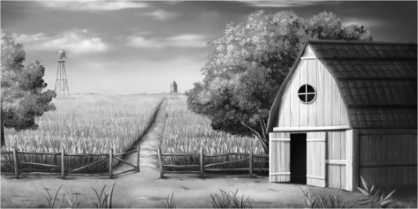 Black-and-white farm scene with a wooden barn on the right, a path through a split-rail fence, and a distant windmill over fields.