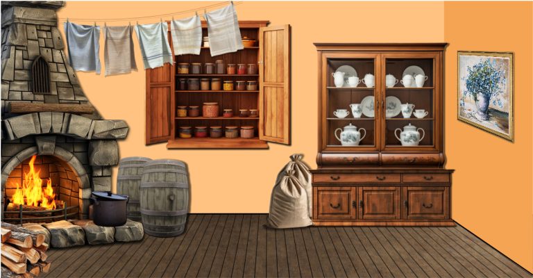 Cozy rustic room with a lit stone fireplace, wooden cupboards, jars on shelves, barrels, a laundry line, and a framed painting.
