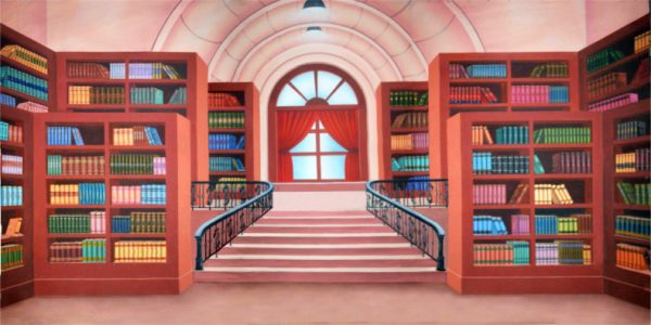Elegant library interior with tall red bookshelves, a central staircase, and arched window with red curtains.
