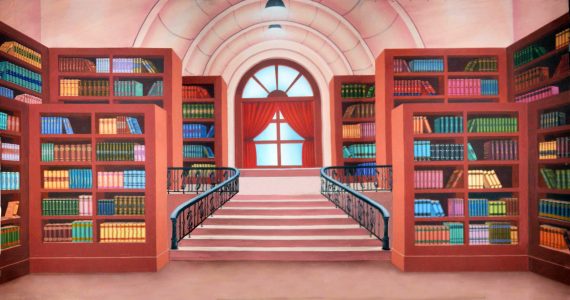 Interior mural of a grand library with red bookshelves, a central arched window, and a curved staircase on either side.