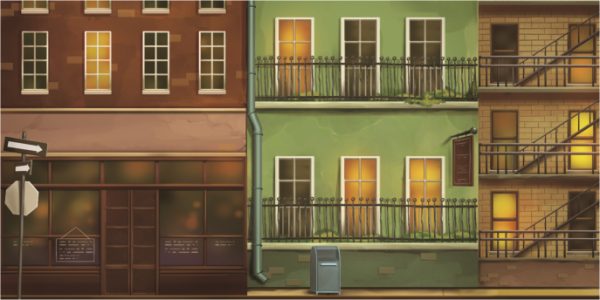 Colorful city street with brick storefronts and green townhouses, balconies, and a fire escape along the right side.