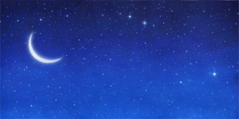 Crescent moon and scattered stars in a dark blue night sky.