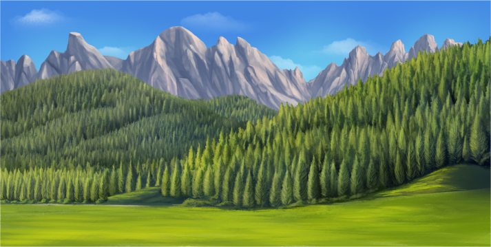 Sunlit green meadow in the foreground, with dense pine forest on rolling hills and rugged mountains in the distance under a blue sky.