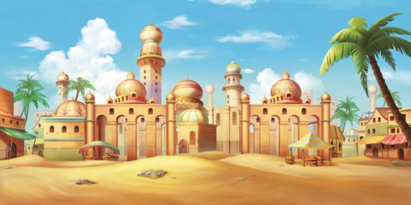 Colorful desert town with domed palaces and minarets, palm trees, and market stalls under a blue sky.