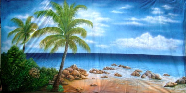 Tropical beach backdrop with palm trees, rocky shore, and blue ocean under a bright sky of clouds.