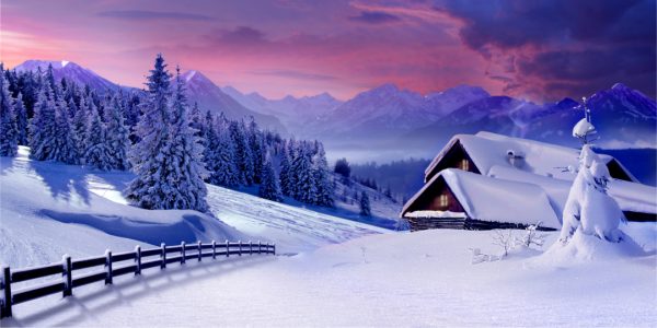 Snowy alpine scene with wooden cabins, pine trees, and a fence under a purple sunset.