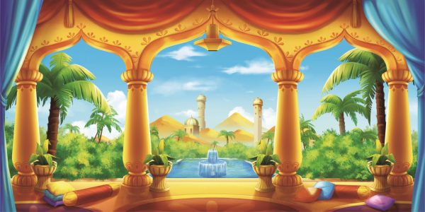 View from a decorative balcony: yellow columns, cushions, and a lush garden with a fountain and distant pyramids.