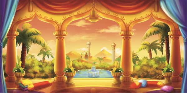 Colorful desert oasis seen through ornate golden arches, with palm trees, a fountain, and distant domed buildings under an orange sky.