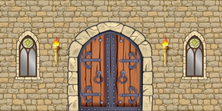 Arched wooden double doors with iron hinges set in a stone castle wall, flanked by torches.