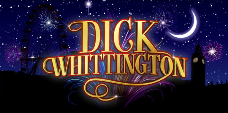 Poster for Dick Whittington featuring fireworks over a London skyline at night with Big Ben and the London Eye.