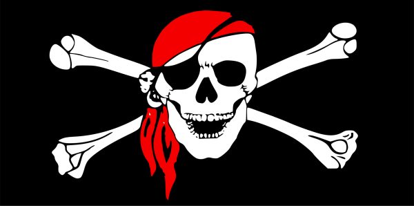 Skull-and-bones pirate flag design on a black background, with a red bandana and scarf.