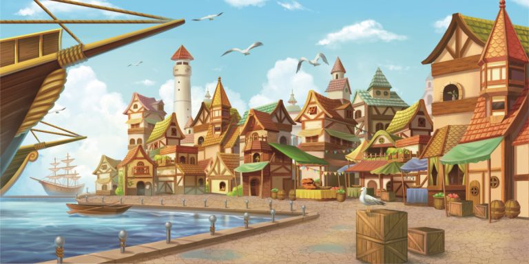 Colorful seaside town with timber-framed houses along a cobblestone quay, a large ship at left, and market stalls by the water.