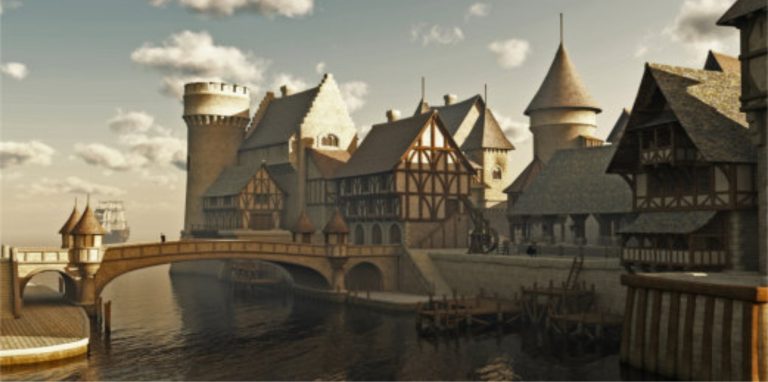 Medieval harbor town with timber-framed buildings, stone towers, and a stone bridge over calm water at sunset/sunlit.