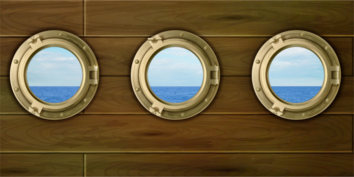 Three round brass portholes set in a wooden wall, each showing a blue sea and sky beyond the glass rim.