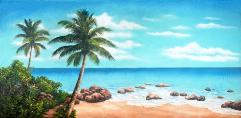 Tropical beach mural with palm trees, sandy shore, rocks in the shallow water, and a turquoise sea under a blue sky.