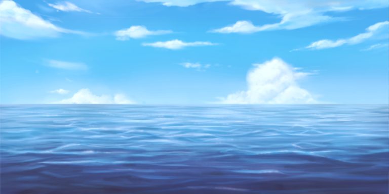 Calm blue ocean stretches to the horizon under a bright blue sky with fluffy white clouds.
