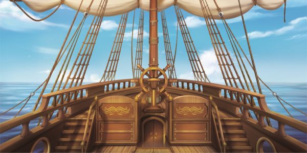 View from the deck of a wooden sailing ship, with a central steering wheel, ropes, and masts against a blue sea and sky.