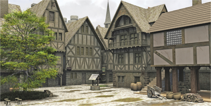 Timber-framed medieval village square with a tree, market stalls, and wooden barrels.