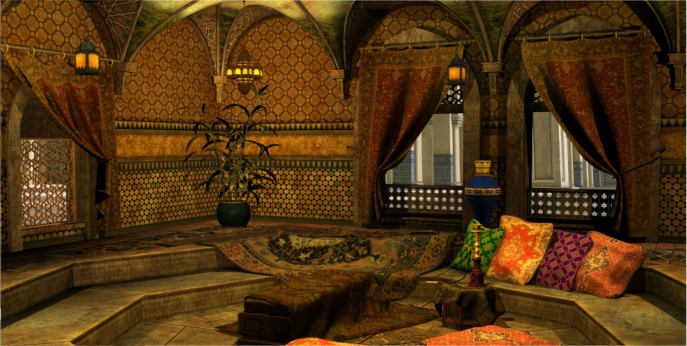 Moroccan-style lounge with arched ceilings, warm gold decor, and sunken seating with colorful cushions.