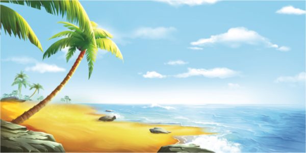 Tropical beach with palm trees, golden sand, and a calm blue sea under a clear sky.