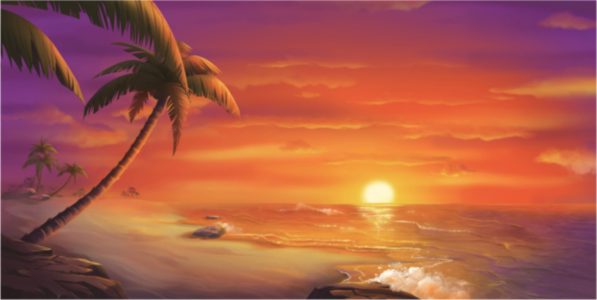 Tropical beach at sunset with palm trees silhouetted against a orange-purple sky and calm waves.