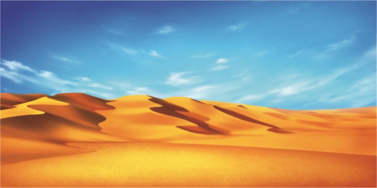Golden desert dunes under a bright blue sky with wispy clouds, sunlight casting long shadows on the rippled sand.