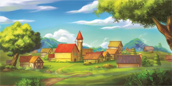 Pastoral village scene with a red-roofed church and timber houses set in green fields under a bright blue sky.