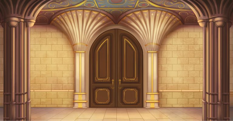 Grand ornate double wooden doors framed by gold-accented columns and arches, in a ceremonial hall entrance