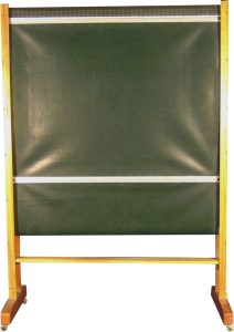 Portable chalkboard on a wooden wheeled stand with a dark green writing surface