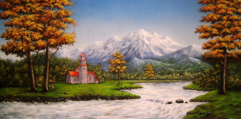 Sculpted landscape painting with a red-roofed stone church beside a winding river, autumn trees, and snow-capped mountains in the background.