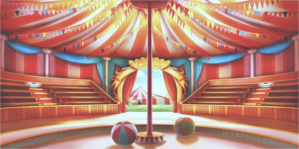 Inside a colorful circus tent arena with striped canopy, pennant banners, central pole, tiered wooden stands, and a Circus arch at the back.