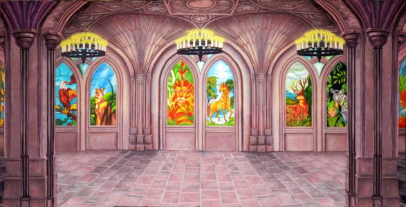 Interior of a pink stone hall with arched stained-glass windows showing jungle animals like a lion, giraffe, and zebra.
