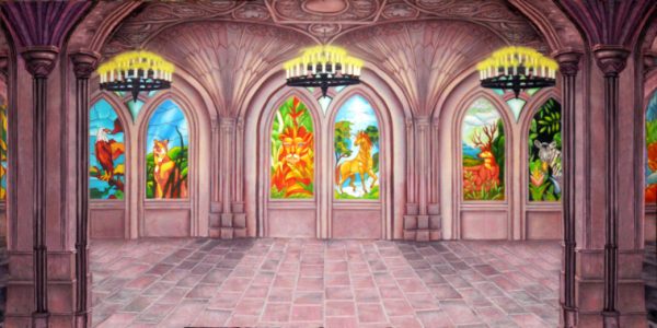 Grand pink stone hall with tall arched windows and chandeliers; stained-glass panels depict colorful animals inside a fantasy-style interior.