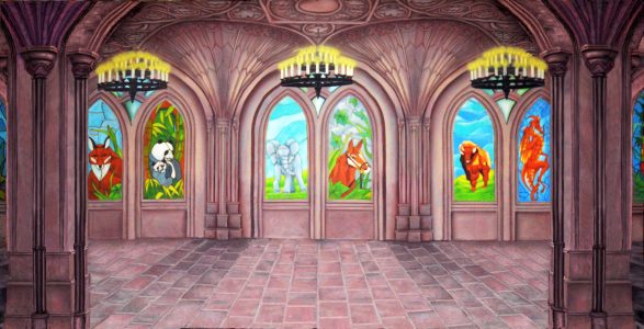 Pink Gothic interior corridor with arched stained-glass windows showing animals (fox, panda, elephant, horse) and hanging chandeliers.