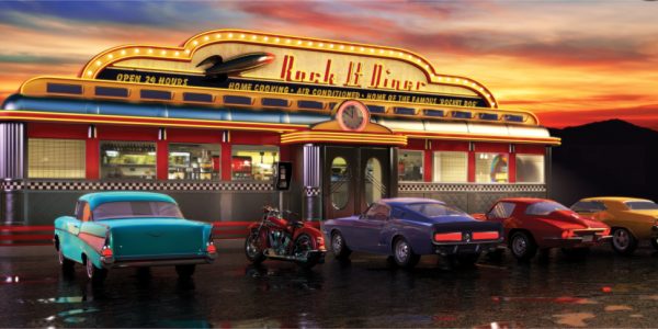 Retro neon-diner with checkered facade and vintage cars parked outside at sunset outside a 1950s-style restaurant.Paraphrase: