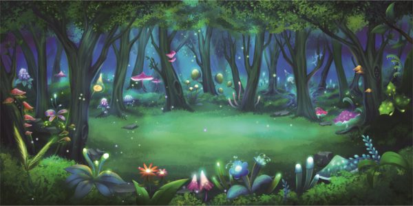 Whimsical glowing forest with bioluminescent mushrooms, soft lights, and lush plants surrounding a green clearing.