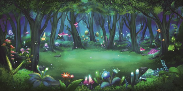 Whimsical glowing forest with bioluminescent mushrooms, soft lights, and lush plants surrounding a green clearing.