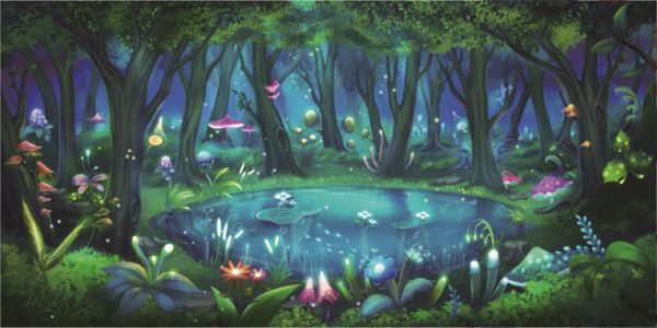 Colorful magical forest scene with a small pond, glowing plants, and mushrooms along the lush greenery.