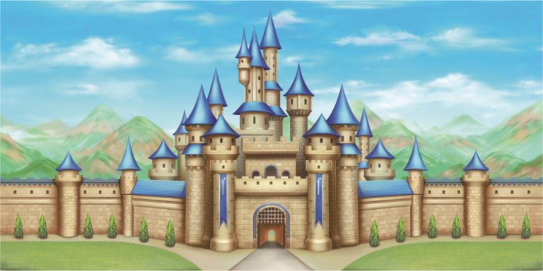 Whimsical stone castle with blue-topped towers and outer wall set against green hills and a blue sky, central gate inviting entry.