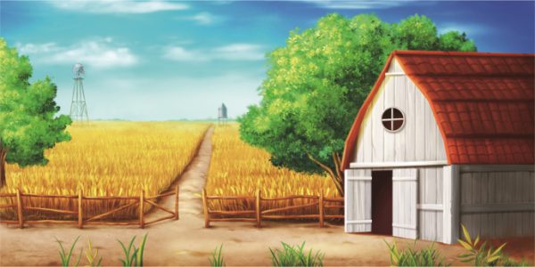 Sunny rural farm: golden wheat field with a dirt path leading to a white barn with a red roof, green trees, a wooden fence, and a windmill in the distance.