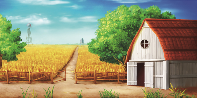 Sunny farm scene featuring a red-roof barn on the right, golden wheat field, a dirt path, a wooden fence, and distant windmills under a blue sky.