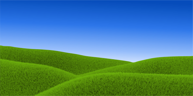 Bright blue sky over rolling green hills with lush grass.