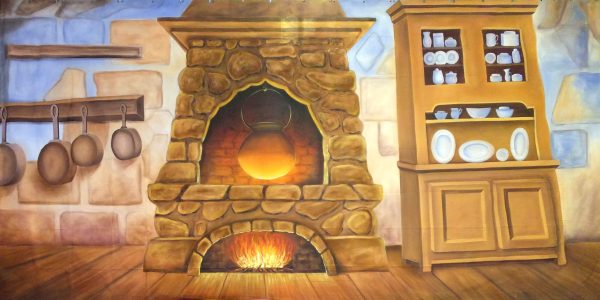 Cozy kitchen mural showing a stone fireplace with a warm fire and hanging pots on the left, and a wooden cabinet with dishes on the right.